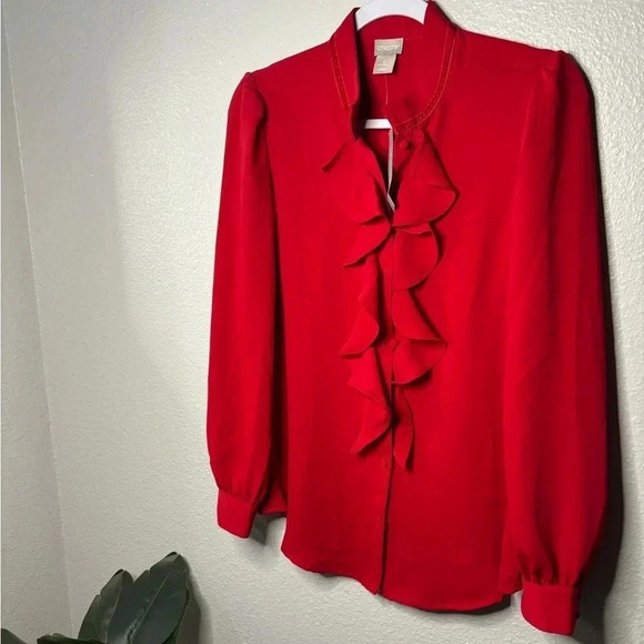 Chicos Ruffle Front Button Up Red Long Sleeve Blouse - Picture 12 of 13
